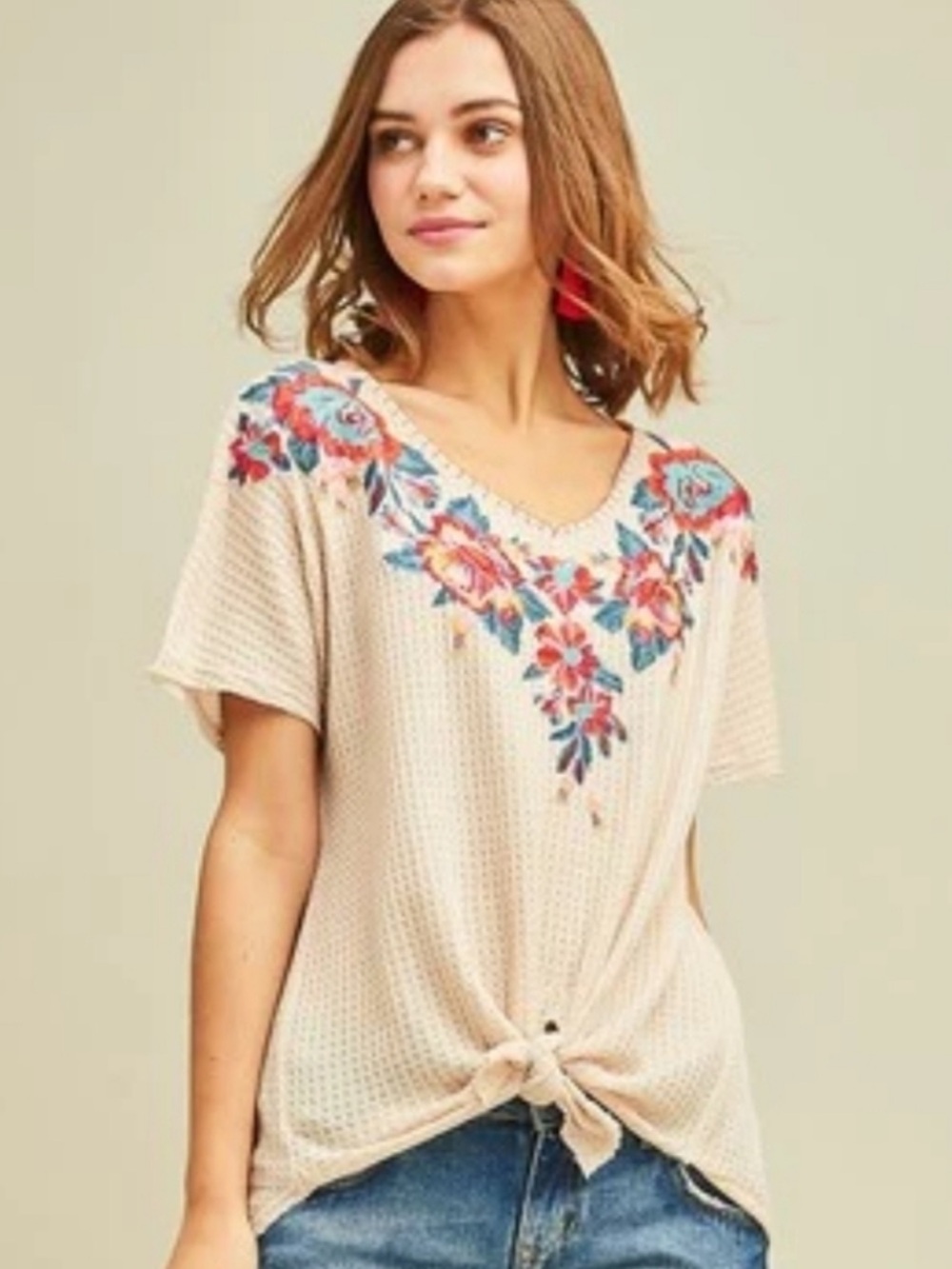 entro Beige Waffle Knit V-Neck Top with Multicolor Floral Embroidery
